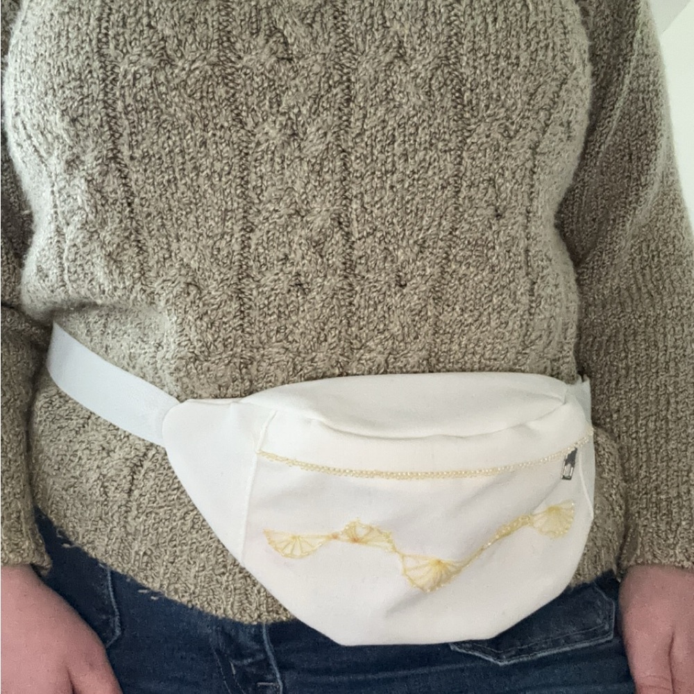 White and Yellow Hand Embroidered and Beaded Belt Bag - Picture 2 of 4